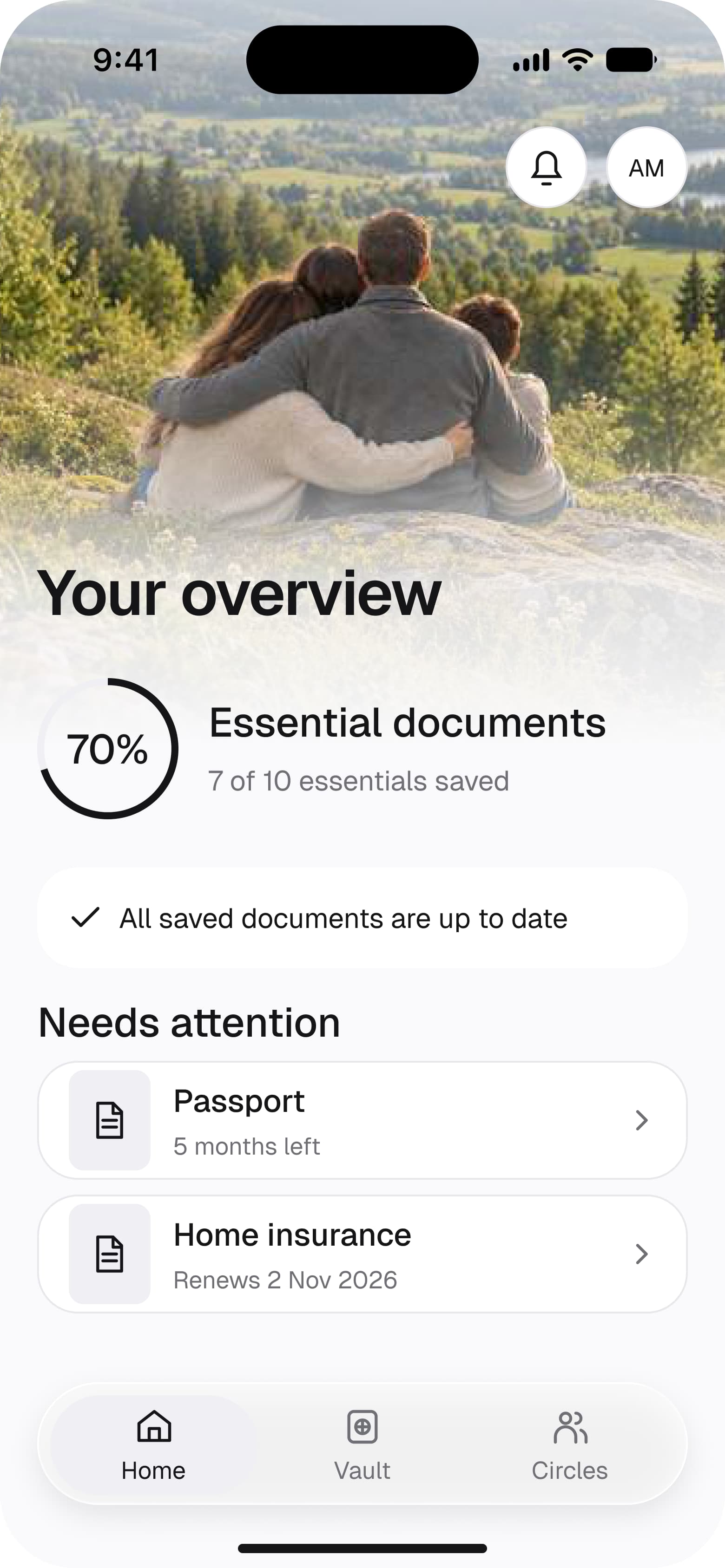 Asylia’s home overview design: 70% of essential documents saved, with passport and home insurance reminders.