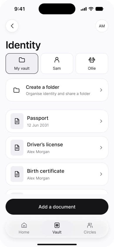 Asylia identity and document checklist app design in development.