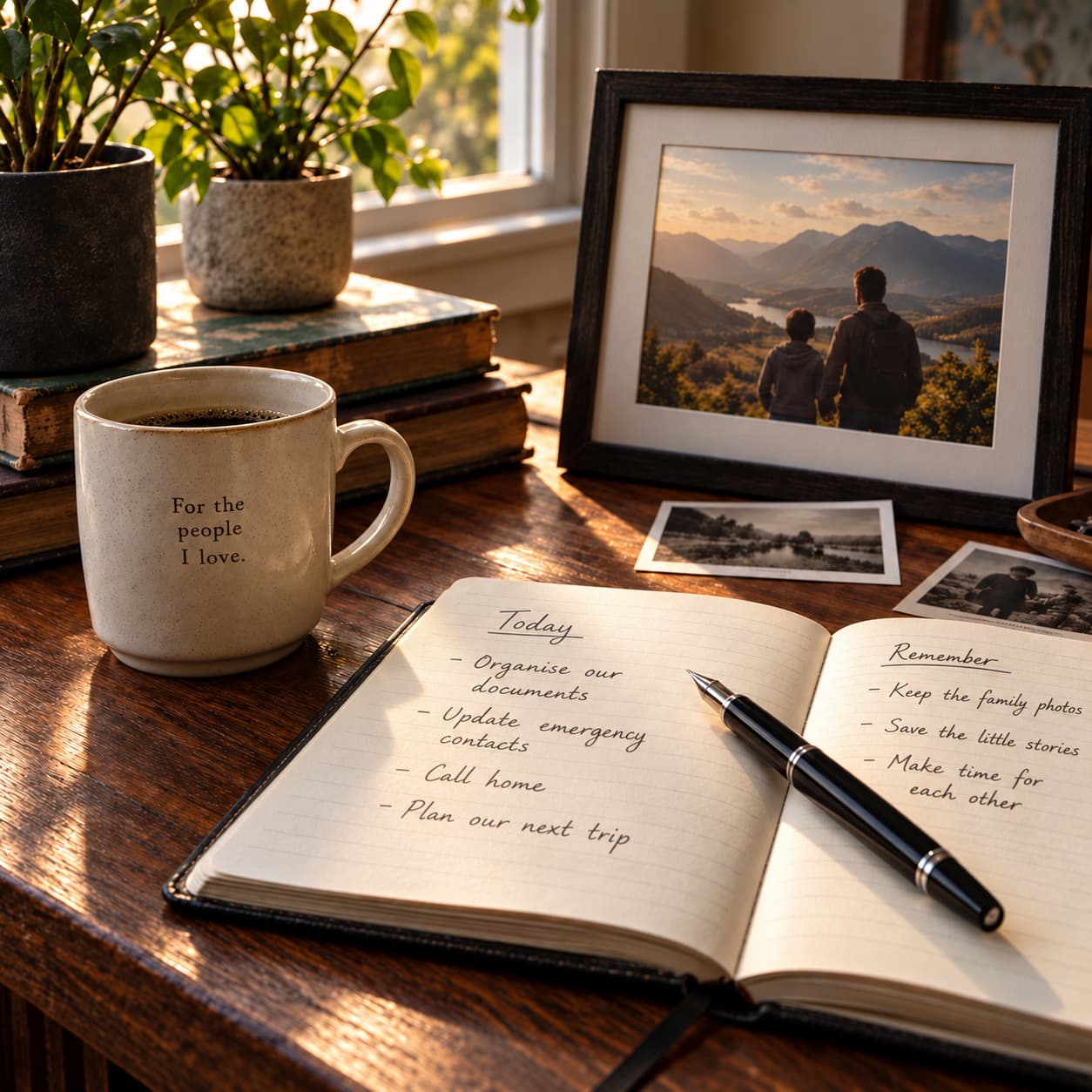 A table of family photographs, a notebook, and reminders about being prepared.